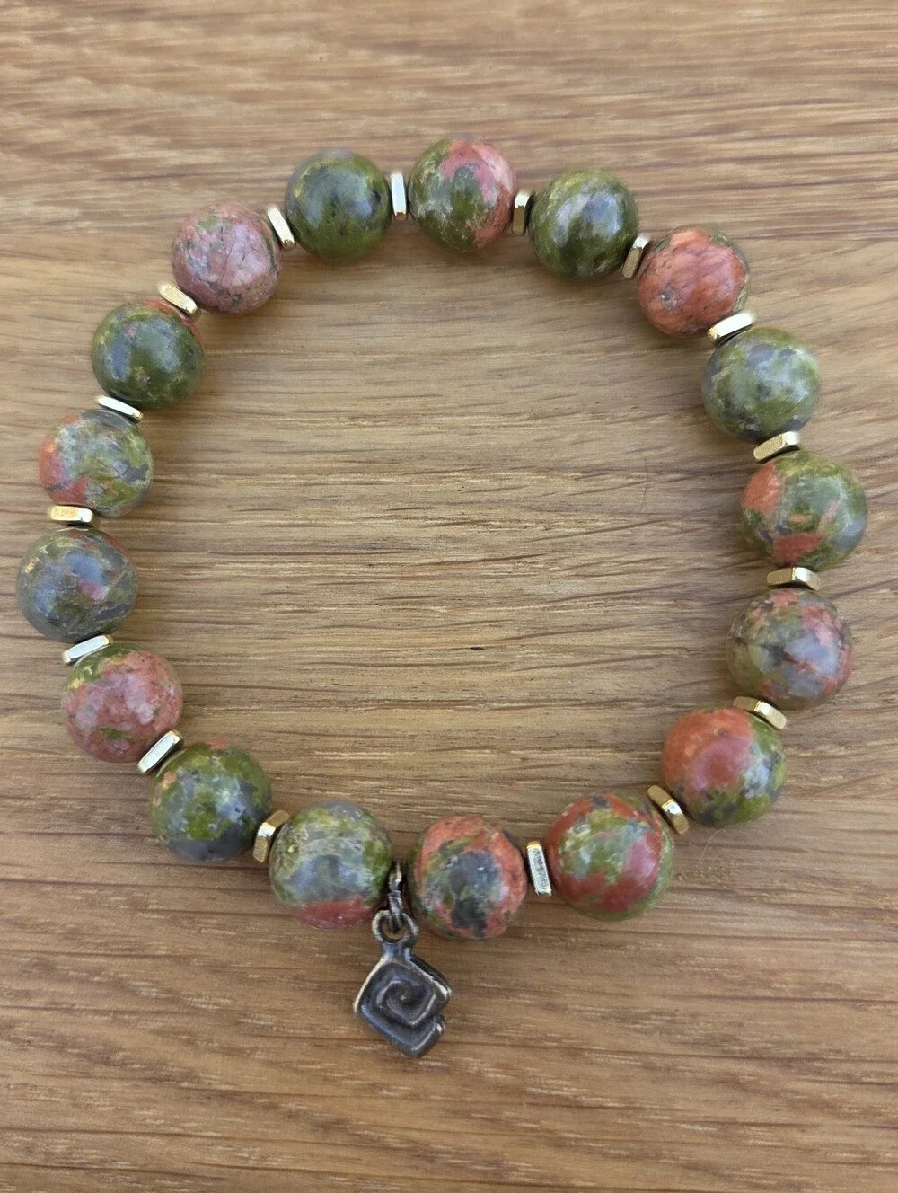 Green & Pink Unakite Beads Stretch Bracelet - Handcrafted